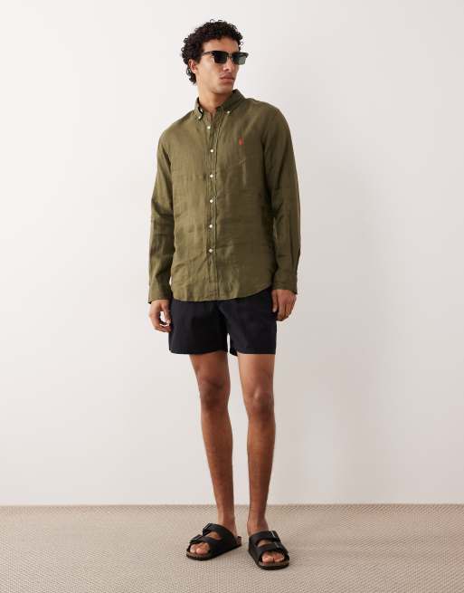 Polo Ralph Lauren - Icon - Camicia a maniche lunghe in lino kaki con logo, 5 di 5