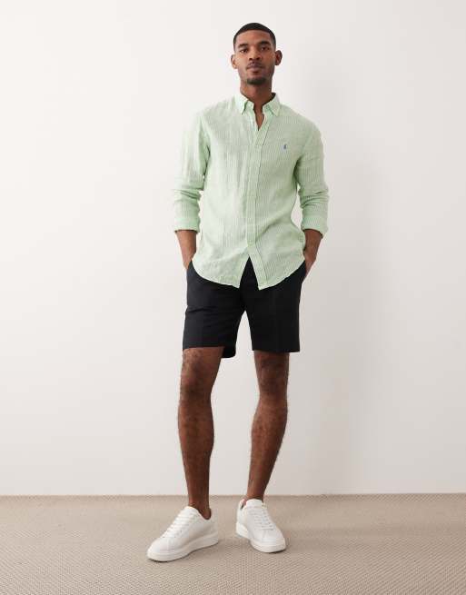 Polo Ralph Lauren - Icon - Camicia a maniche lunghe in lino verde chiaro e bianco a righe con logo, 2 di 5