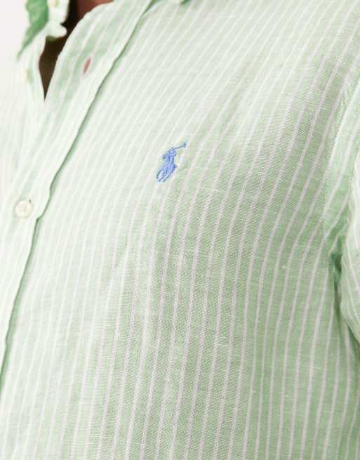 Polo Ralph Lauren - Icon - Camicia a maniche lunghe in lino verde chiaro e bianco a righe con logo, 3 di 5