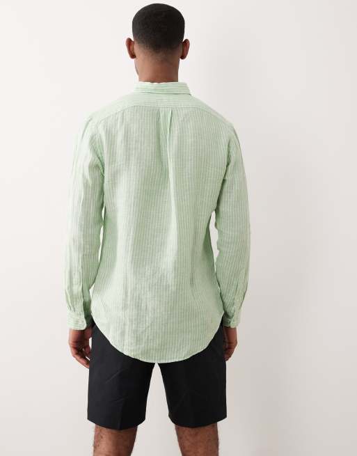 Polo Ralph Lauren - Icon - Camicia a maniche lunghe in lino verde chiaro e bianco a righe con logo, 5 di 5