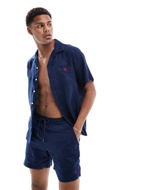 Polo Ralph Lauren - Icon - Camicia classica a maniche corte oversize in lino blu navy con logo in coordinato