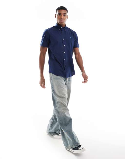 Polo Ralph Lauren - Icon - Camicia custom fit blu navy in popeline a maniche corte con logo, 3 di 4