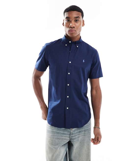 Polo Ralph Lauren - Icon - Camicia custom fit blu navy in popeline a maniche corte con logo, 4 di 4