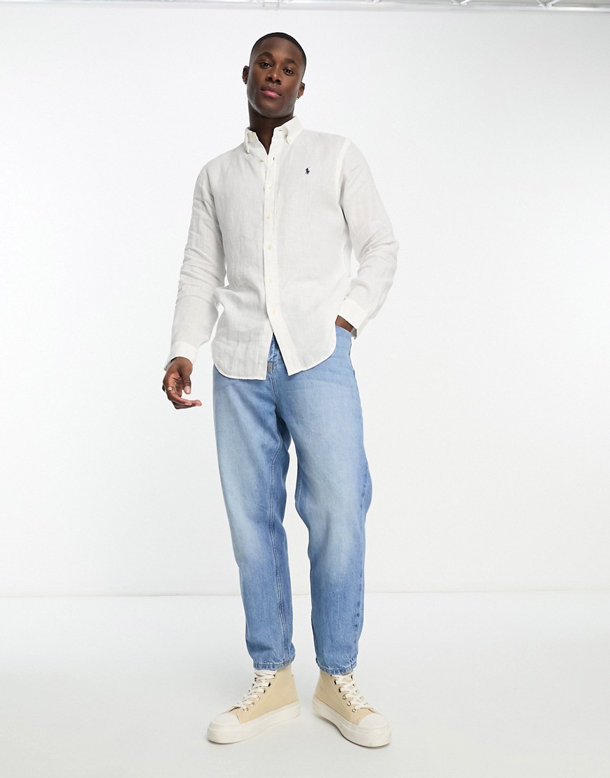 Icon - Camicia custom fit in lino bianca con logo-Bianco - Polo Ralph Lauren Camicia donna  - immagine1