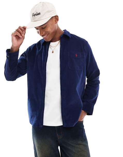 Polo Ralph Lauren - Icon - Camicia giacca classica oversize in velluto a coste blu navy con logo e zip sul davanti - view 1
