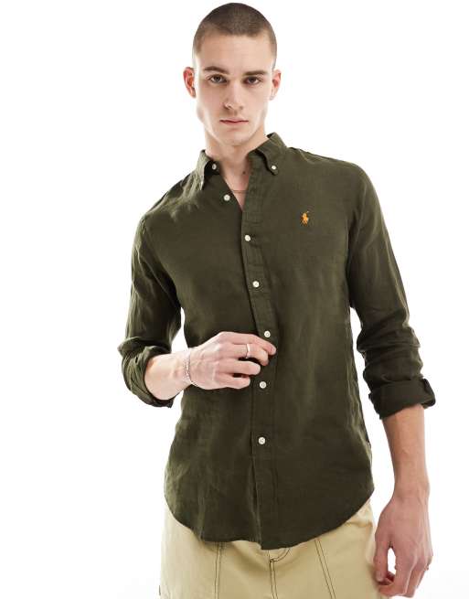 Polo Ralph Lauren - Icon - Camicia in lino verde scuro con logo, 4 di 4