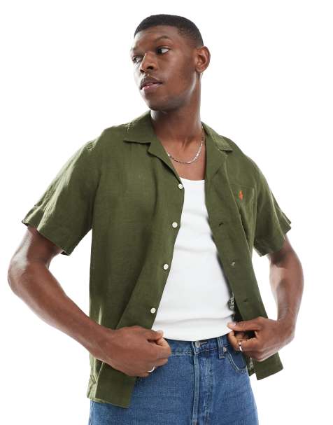 Polo Ralph Lauren - Icon - Camicia oversize classica a maniche corte verde oliva in lino con rever e logo - view 1