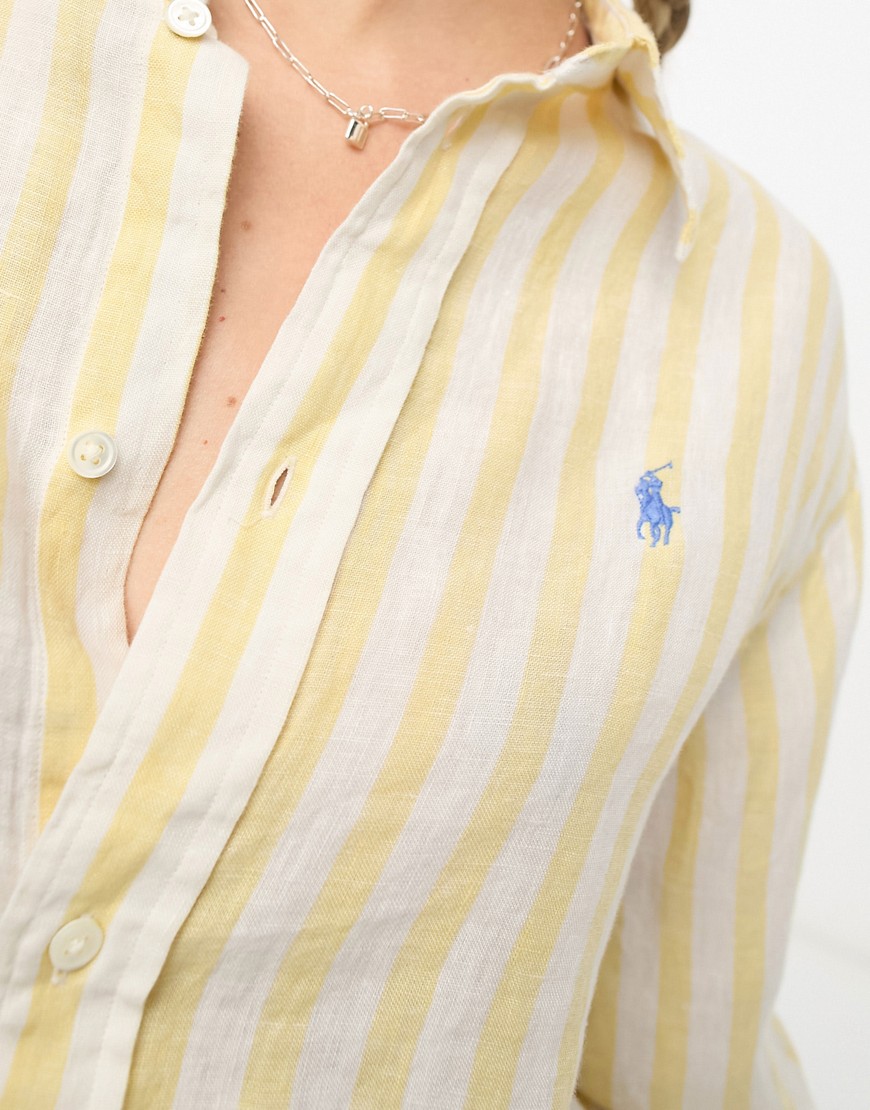 Icon - Camicia squadrata in lino bianca/gialla a righe con logo-Giallo - Polo Ralph Lauren Camicia donna  - immagine1