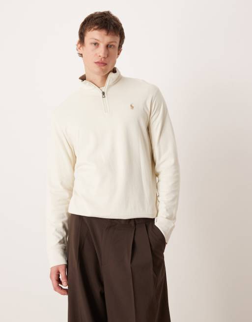 Polo Ralph Lauren - Icon - Felpa in maglia doppia color crema con zip corta e logo