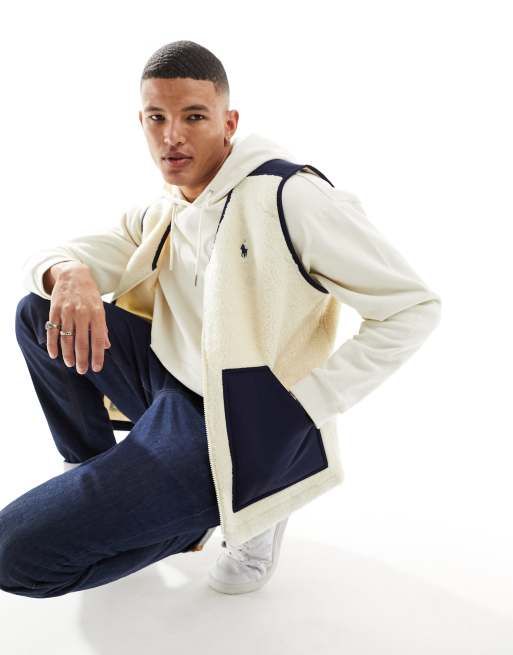 Polo Ralph Lauren - Icon - Gilet in pile borg color crema/blu navy con logo