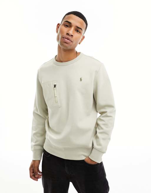 Polo Ralph Lauren – Icon – Gråbeige, dubbelstickad sweatshirt med logga framtill och ficka med dragkedja