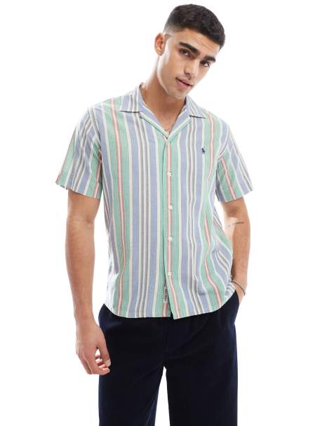 Polo Ralph Lauren short sleeve icon logo multi stripe shirt classic oversized fit in blue/green