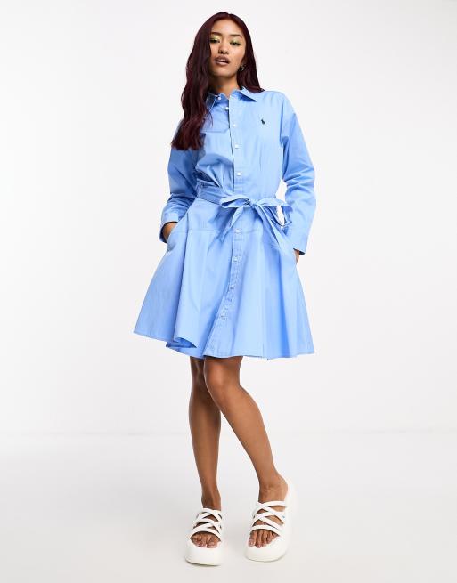 Polo Ralph Lauren icon logo belted poplin shirt dress in light blue