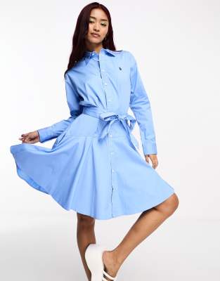 Polo Ralph Lauren icon logo belted poplin shirt dress in light blue | ASOS