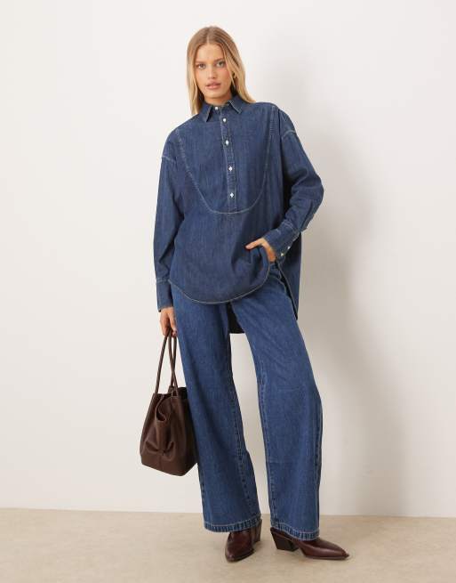 Polo Ralph Lauren icon logo bib front oversized denim shirt in dark wash, 2 of 4