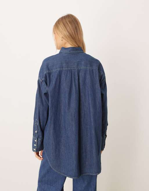Polo Ralph Lauren icon logo bib front oversized denim shirt in dark wash, 3 of 4