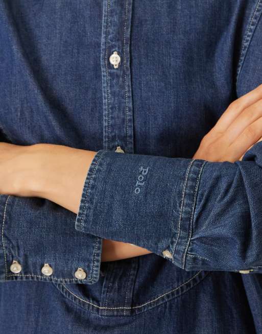 Polo Ralph Lauren icon logo bib front oversized denim shirt in dark wash, 4 of 4