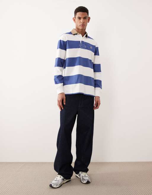 Polo Ralph Lauren icon logo block stripe rugby polo classic oversized fit in blue, 2 of 5