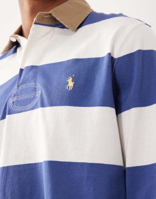 Polo Ralph Lauren icon logo block stripe rugby polo classic oversized fit in blue, 5 of 5