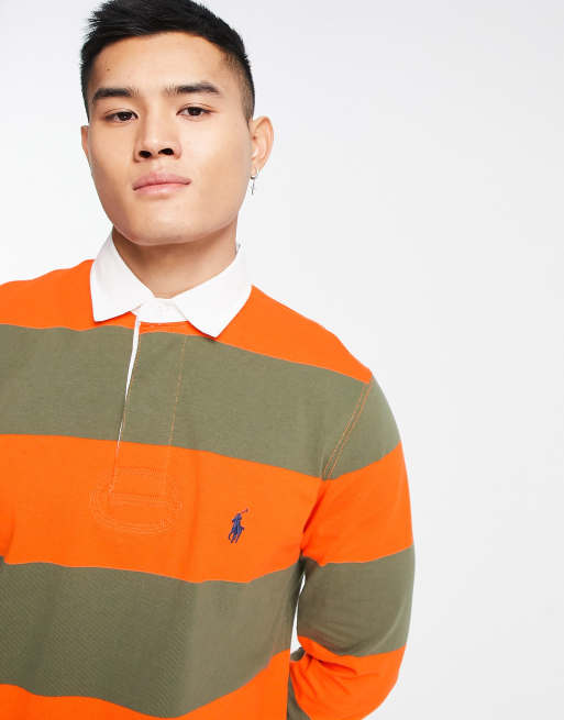 Polo Ralph Lauren icon logo block stripe rugby polo oversized fit in dark green/orange