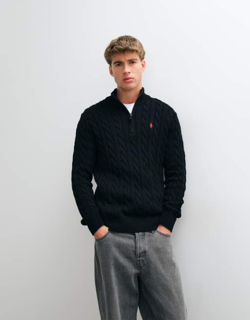 Polo Ralph Lauren icon logo bomulds kabelstrik quarter zip sweatshirt i sort, 4 af 5