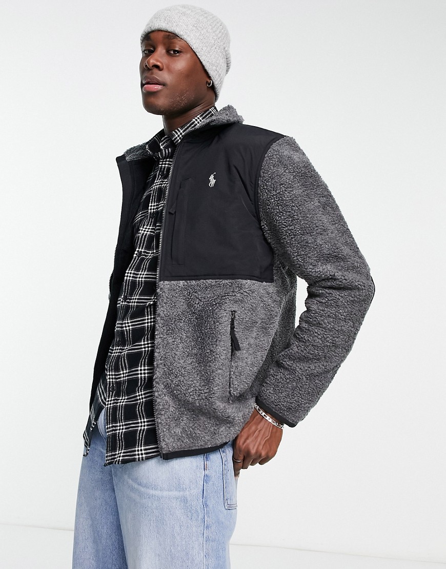 Polo Ralph Lauren Icon Logo Borg Color Block Full Zip Sweatshirt In Charcoal Heather/black-gray
