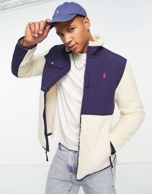 Polo Ralph Lauren icon logo borg colourblock full zip sweatshirt in  cream/navy | ASOS