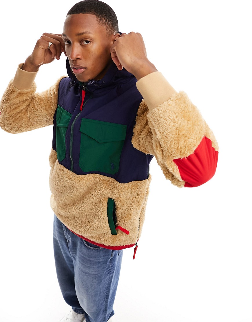 Polo Ralph Lauren icon logo borg hybrid half zip hoodie in camel/multi-Neutral
