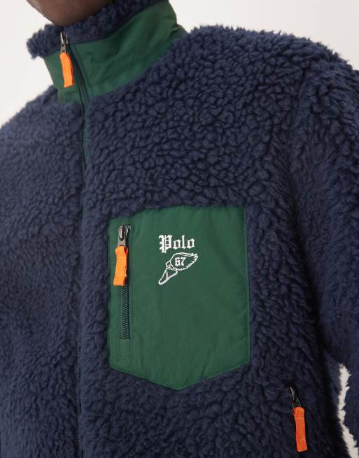 Polo Ralph Lauren icon logo borg sherpa zip through jacket in navy, 5 of 5
