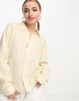 Polo Ralph Lauren icon logo boxy fit stripe linen shirt in white/yellow