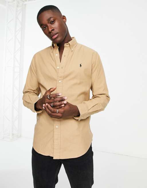 Polo Ralph Lauren icon logo brushed flannel shirt custom regular fit in  khaki beige | ASOS