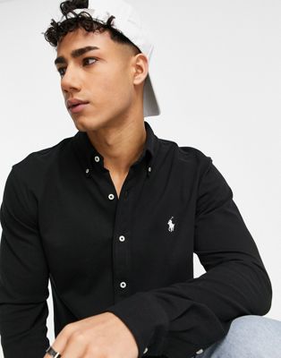 Polo Ralph Lauren icon logo button down pique shirt in black - ASOS Price Checker