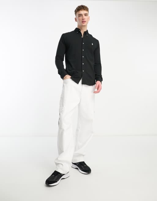 Polo Ralph Lauren icon logo button down pique shirt in black, 3 of 4