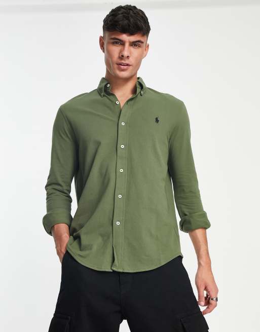 Polo Ralph Lauren icon logo button down pique shirt in dark green | ASOS