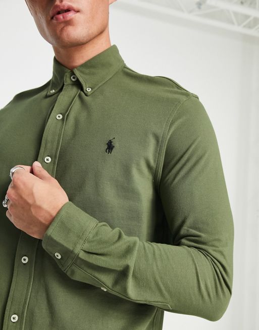 Polo Ralph Lauren icon logo button down pique shirt in dark green | ASOS