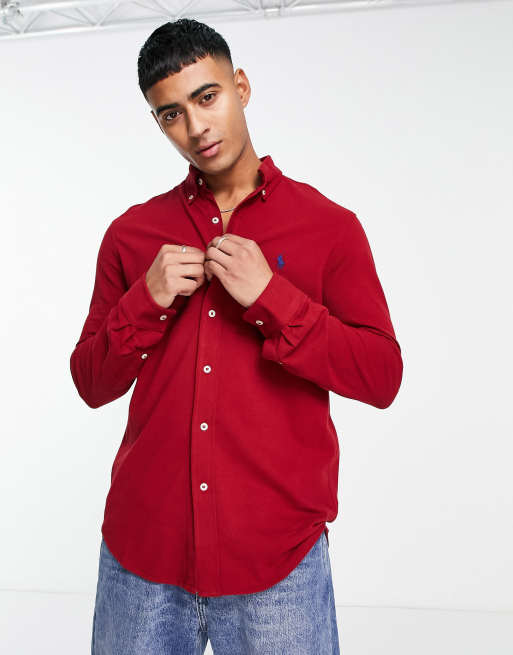 Polo Ralph Lauren icon logo button down pique shirt in dark red | ASOS