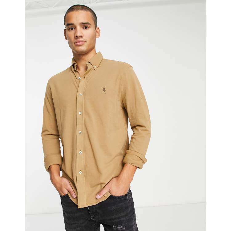 Polo Ralph Lauren icon logo button down pique shirt in khaki beige | ASOS