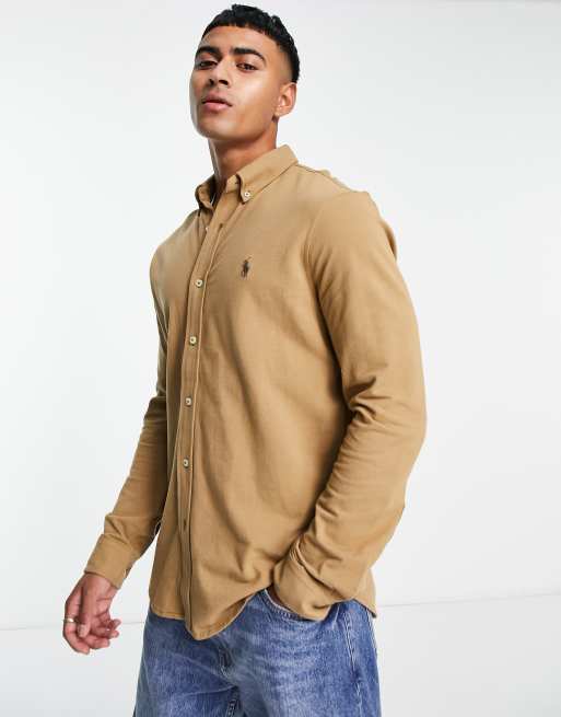 Polo Ralph Lauren icon logo button down pique shirt in khaki beige | ASOS