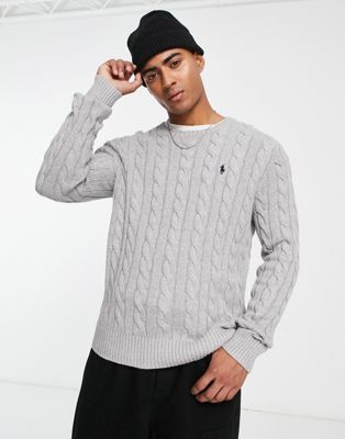 Polo Ralph Lauren icon logo cable cotton knit jumper in grey marl