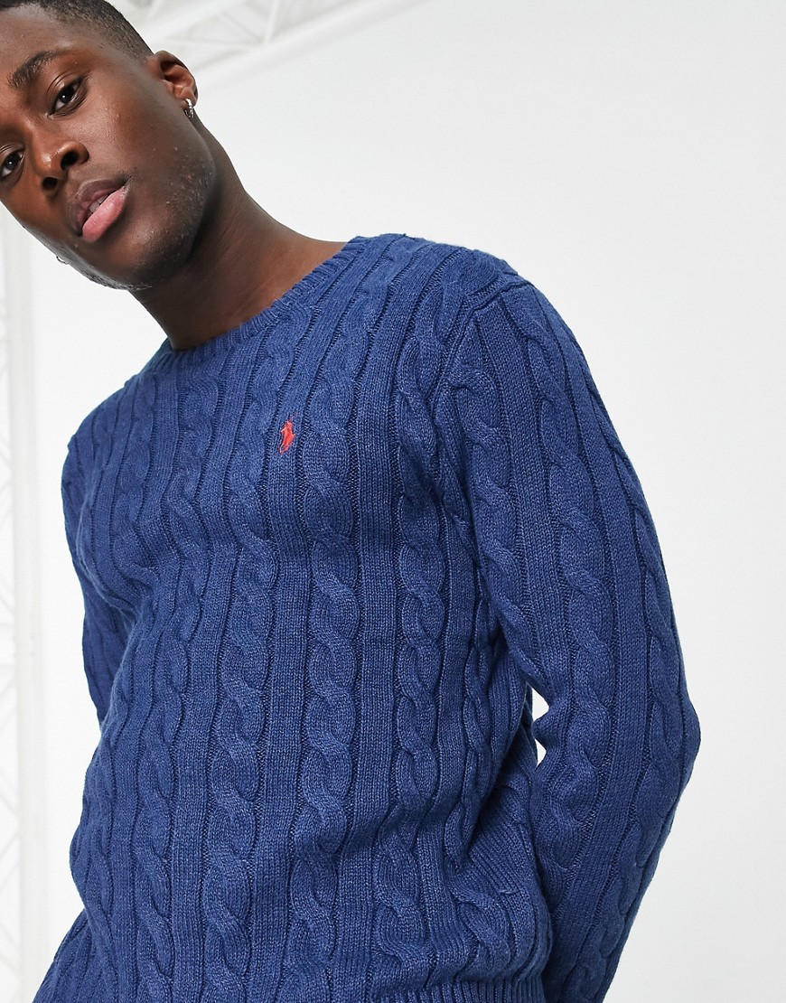 Polo Ralph Lauren icon logo cable cotton knit jumper in navy marl