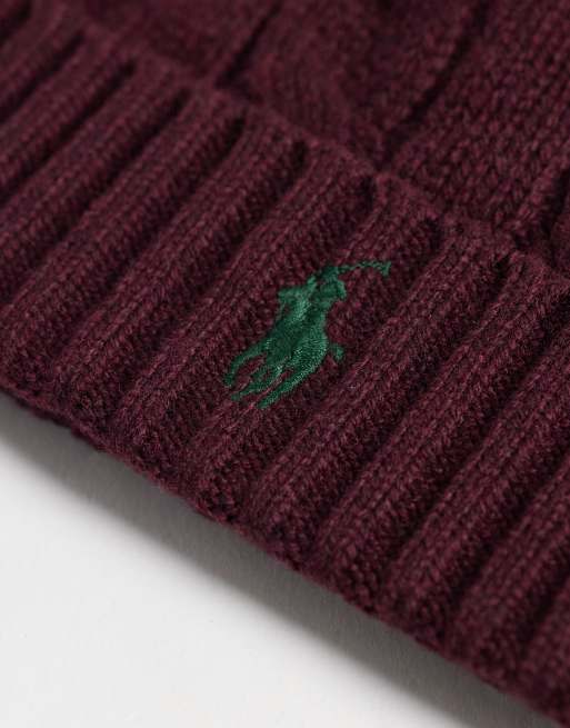 Polo Ralph Lauren icon logo cable knit beanie in burgundy, 2 of 3