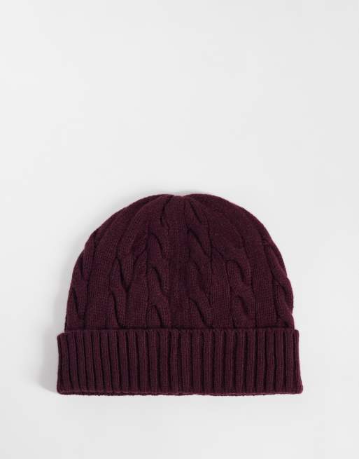 Polo Ralph Lauren icon logo cable knit beanie in burgundy, 3 of 3