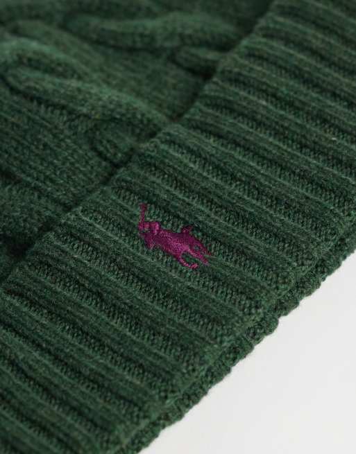 Polo Ralph Lauren icon logo cable knit beanie in dark green, 2 of 3
