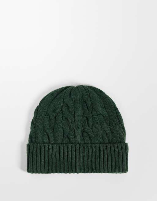 Polo Ralph Lauren icon logo cable knit beanie in dark green, 3 of 3
