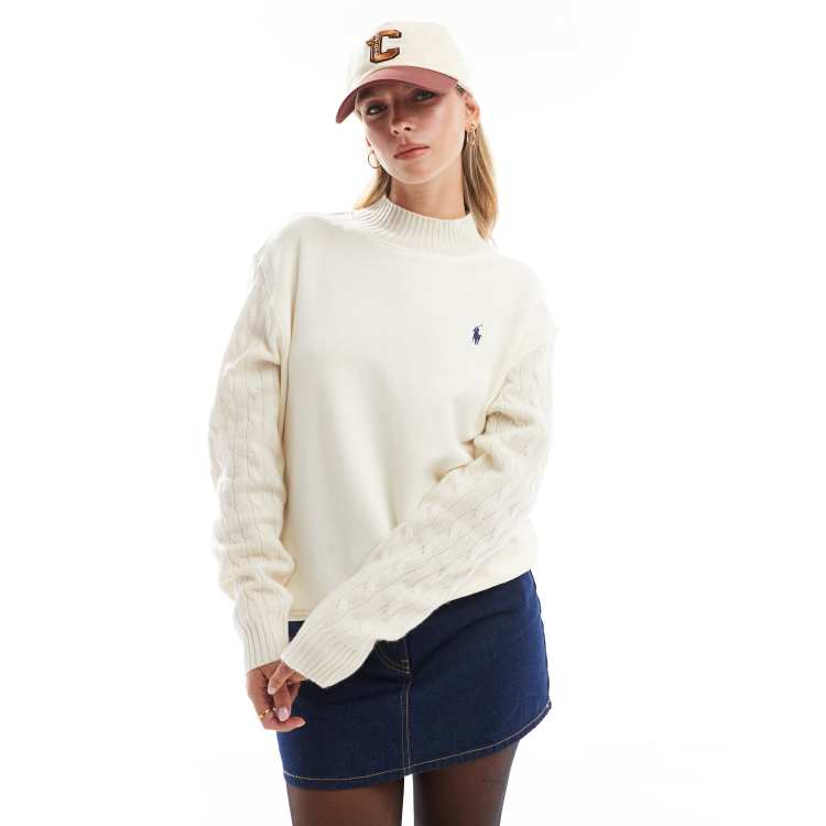 Polo Ralph Lauren icon logo cable knit sleeve sweatshirt in cream ASOS