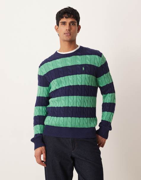 Polo Ralph Lauren icon logo cable striped jumper in navy and green - view 1