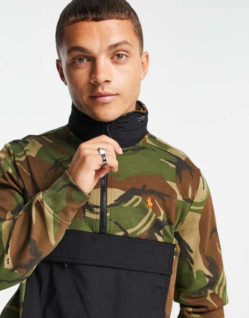 Polo Ralph Lauren icon logo camo print hybrid half zip sweatshirt in  green/black | ASOS