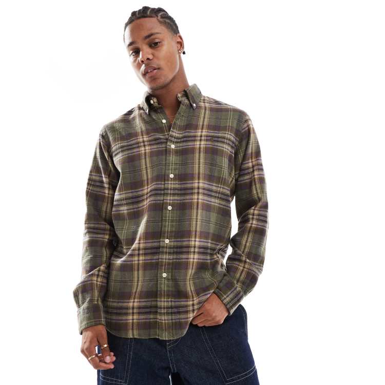 Polo Ralph Lauren icon logo check brushed flannel shirt in olive green brown ASOS