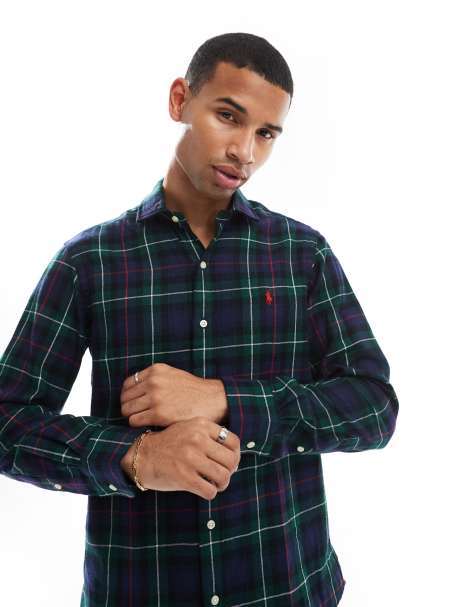 Polo Ralph Lauren icon logo check sanded twill shirt custom fit in green/red - view 1