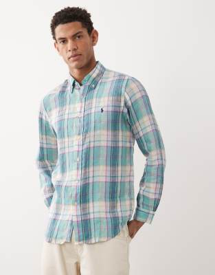 Polo Ralph Lauren Men's Multi Icon Logo Checked Linen Long Sleeve Shirt In